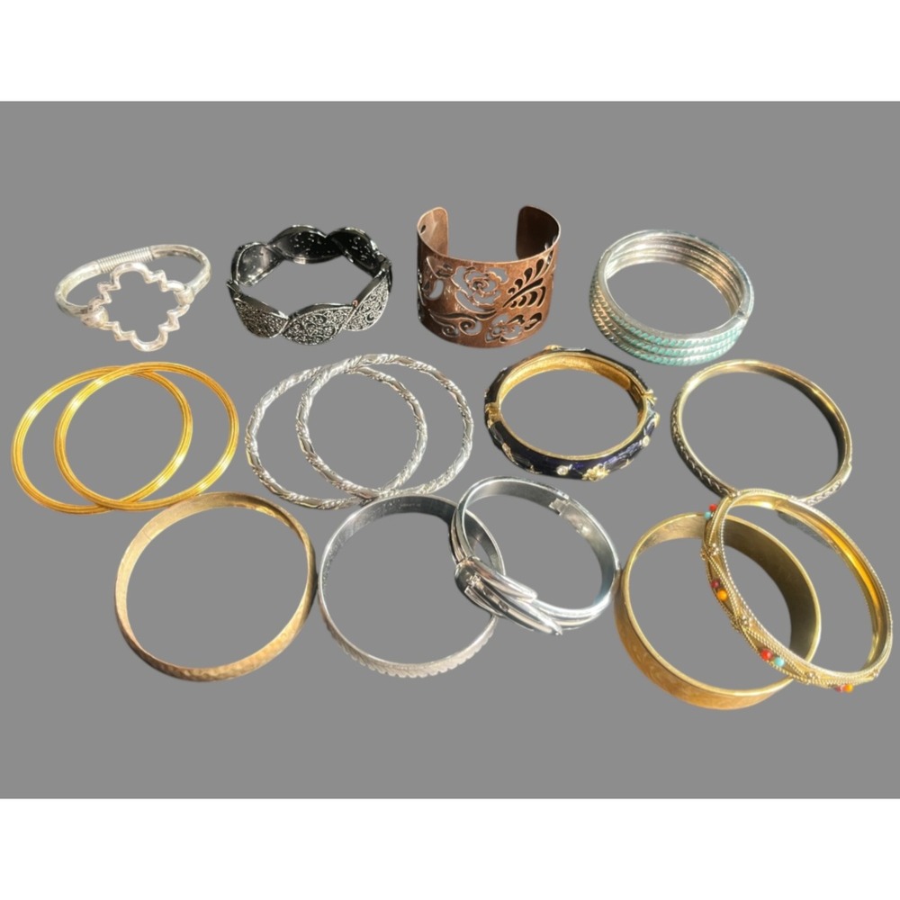 BRACELET LOT OF 15 Bangles Cuffs Enamel Silver Gold Tone Clamper Hammered Etc